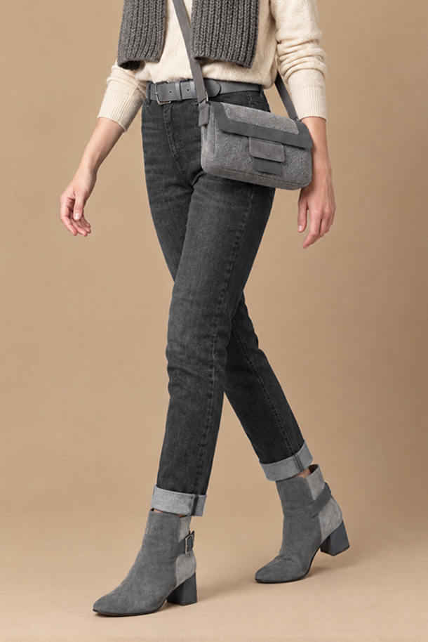 Dress ankle boots back buckles in dove grey and pebble grey leather with medium block heels and square toe - Worn view